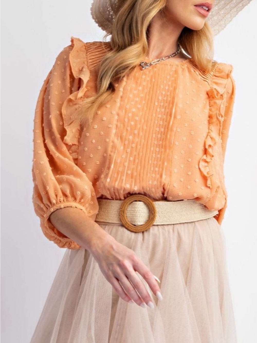 easel Peach Ruffle Swiss Dot Pintuck Blouse